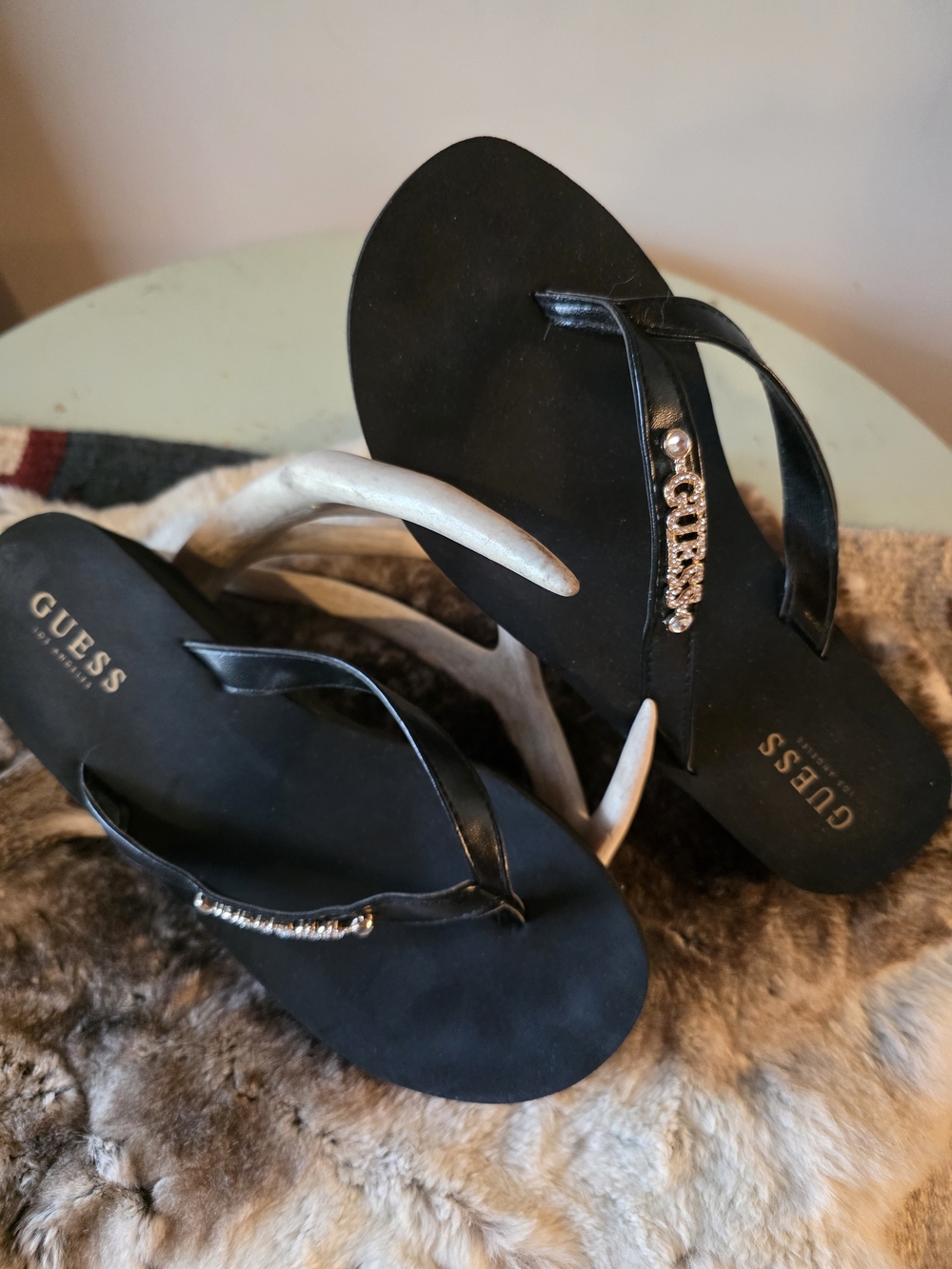 GUESS Black Rhinestone Logo Thong Sandals for Women